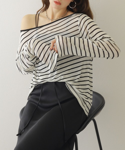 LAULEN(ローレン)の「border sheer long tops /ボーダーシアーロングTシャツ(Tシャツ/カットソー・レディース・ブラック/ベージュ・FREE)」の2枚目の写真