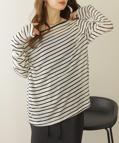 LAULEN(ローレン)の「border sheer long tops /ボーダーシアーロングTシャツ(Tシャツ/カットソー・レディース・ブラック/ベージュ・FREE)」の3枚目の写真
