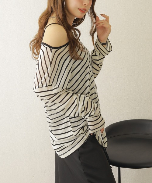 LAULEN(ローレン)の「border sheer long tops /ボーダーシアーロングTシャツ(Tシャツ/カットソー・レディース・ブラック/ベージュ・FREE)」の4枚目の写真