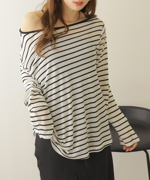 LAULEN(ローレン)の「border sheer long tops /ボーダーシアーロングTシャツ(Tシャツ/カットソー・レディース・ブラック/ベージュ・FREE)」の5枚目の写真