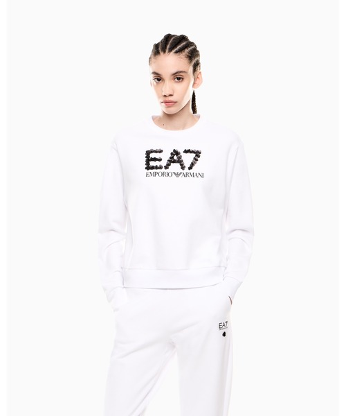 EMPORIO ARMANI EA7(エンポリオアルマーニイーエーセブン)の「【エンポリオ アルマーニ EA7】クルーネック スウェットシャツ コットン混紡(スウェット・レディース・ホワイト/ブラック・LARGE/MEDIUM/SMALL/X-SMALL)」の1枚目の写真
