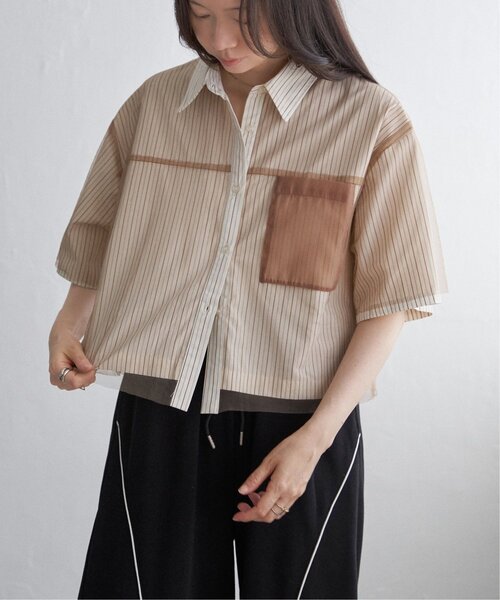 VENCEEXCHANGE（ヴァンスエクスチェンジ）の「ストライプチュールカブセSSシャツ（シャツ/ブラウス・レディース・オフホワイト/ブルー/ベージュ・FREE）」の2枚目の写真
