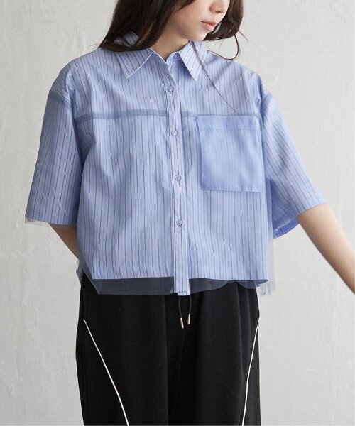 VENCEEXCHANGE（ヴァンスエクスチェンジ）の「ストライプチュールカブセSSシャツ（シャツ/ブラウス・レディース・オフホワイト/ブルー/ベージュ・FREE）」の4枚目の写真