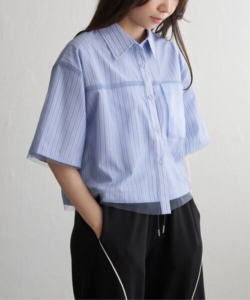 VENCEEXCHANGE（ヴァンスエクスチェンジ）の「ストライプチュールカブセSSシャツ（シャツ/ブラウス・レディース・オフホワイト/ブルー/ベージュ・FREE）」の5枚目の写真