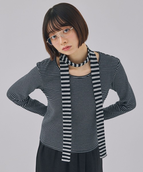 Unblend（アンブレンド）の「【Unblend】スリムマフラーセット ボーダー/ドット ロングスリーブTシャツ（Tシャツ/カットソー・レディース・チャコール/ブラック系/ブラック/グレー系・FREE）」の2枚目の写真