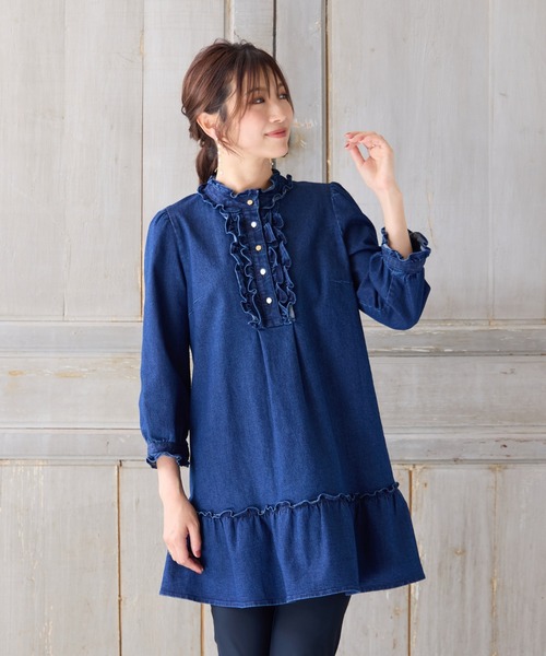 伸縮性◎】ライトオンスデニムチュニック(Tシャツ/カットソー 伸縮性◎】ライトオンスデニムチュニック(Tシャツ/カットソー