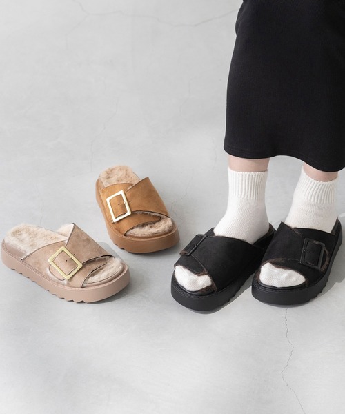 セール】ゴールドバックル 厚底ファーサンダル（サンダル）｜welleg