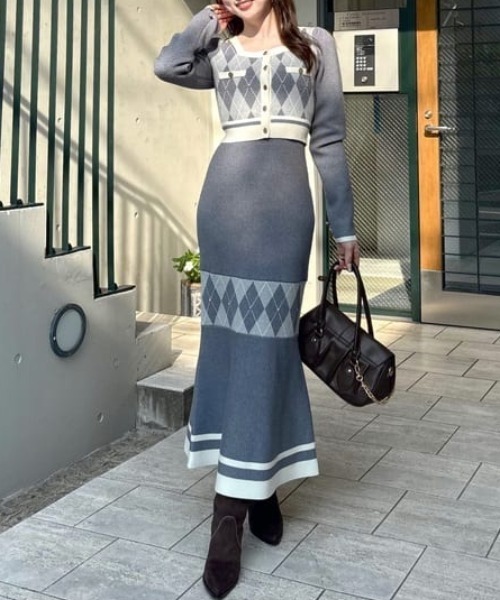 新作‼️アーガイル バイカラーカーディガンセットニットワンピース 秋服 冬 アーガイルバイカラーカーディガンセットニットワンピース 秋服 冬服