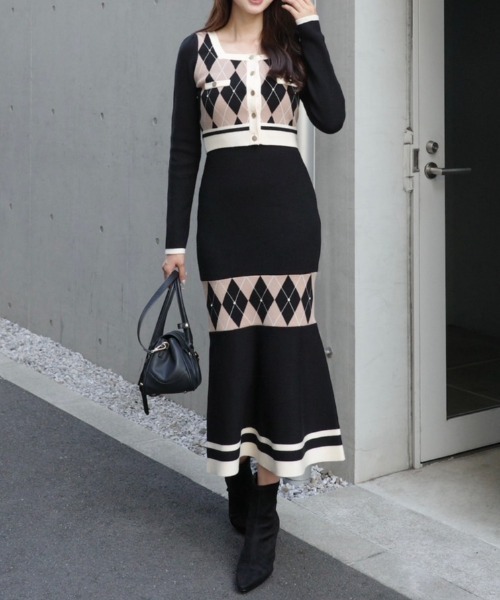 新作‼️アーガイル バイカラーカーディガンセットニットワンピース 秋服 冬 アーガイルバイカラーカーディガンセットニットワンピース 秋服 冬服