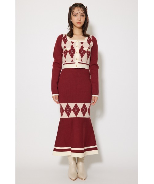 アーガイルバイカラーカーディガンセットニットワンピース 秋服 冬服