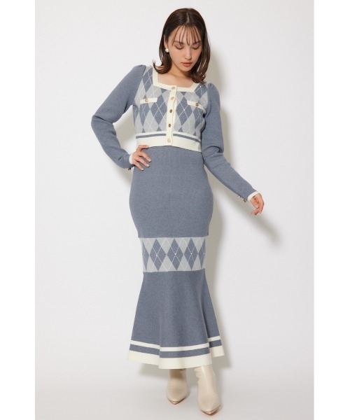 アーガイルバイカラーカーディガンセットニットワンピース 秋服 冬服