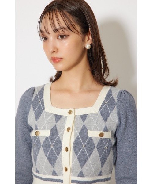 アーガイルバイカラーカーディガンセットニットワンピース 秋服 冬服