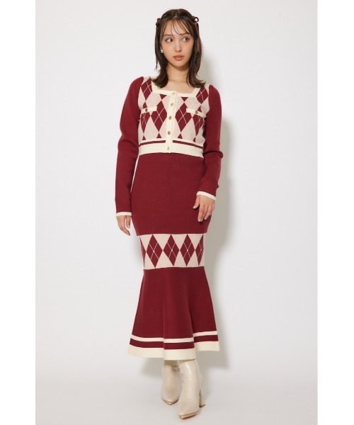 アーガイルバイカラーカーディガンセットニットワンピース 秋服 冬服