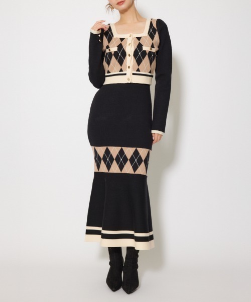 アーガイルバイカラーカーディガンセットニットワンピース 秋服 冬服