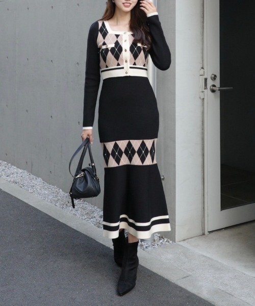 新作‼️アーガイル バイカラーカーディガンセットニットワンピース 秋服 冬 セール】アーガイルバイカラーカーディガンセットニットワンピース 秋