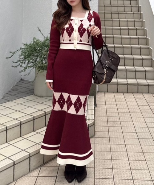 セール】アーガイルバイカラーカーディガンセットニットワンピース 秋