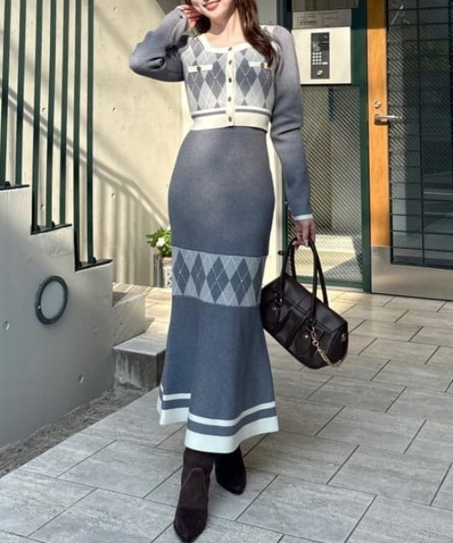 アーガイルバイカラーカーディガンセットニットワンピース 秋服 冬服