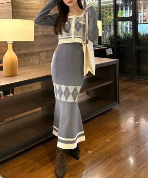 アーガイルバイカラーカーディガンセットニットワンピース 秋服 冬服