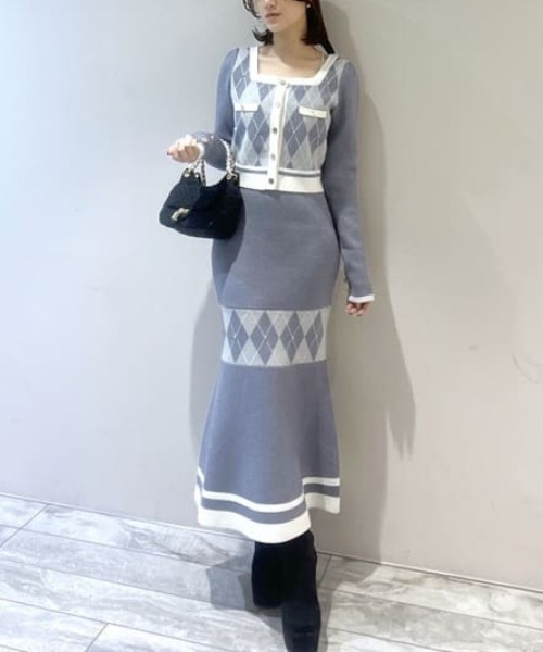 新作‼️アーガイル バイカラーカーディガンセットニットワンピース 秋服 冬 セール】アーガイルバイカラーカーディガンセットニットワンピース 秋