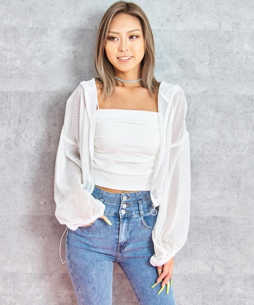 ANAP(アナップ)の「リングジップ メッシュ フーディー パーカー(パーカー・レディース・ホワイト/ブラック・ONE SIZE)」の3枚目の写真