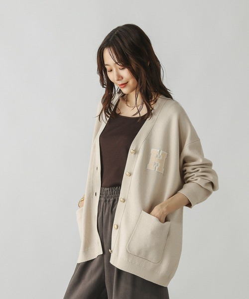 GLOBAL WORK（グローバルワーク）の「スウェットライクロゴVネックカーディガン/571352（カーディガン/ボレロ・レディース・オートミール/ネイビー・LARGE/MEDIUM）」の9枚目の写真