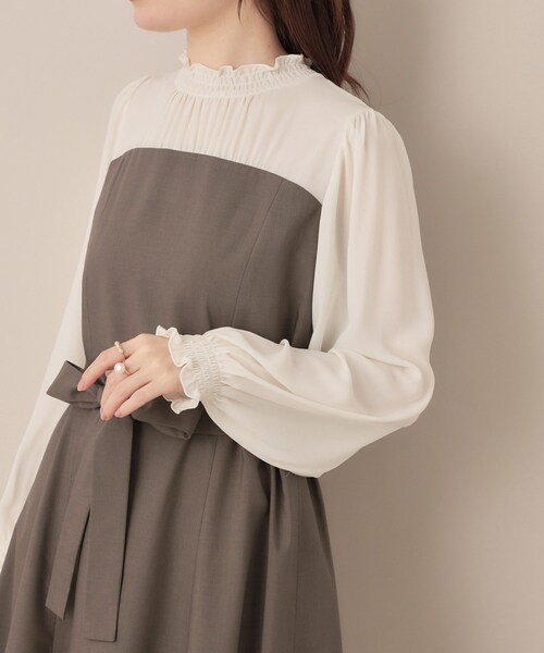 【レイヤード風・きれいめ・通勤】ドッキングベアワンピース レイヤード風・きれいめ・通勤】ドッキングベアワンピース（ミドル