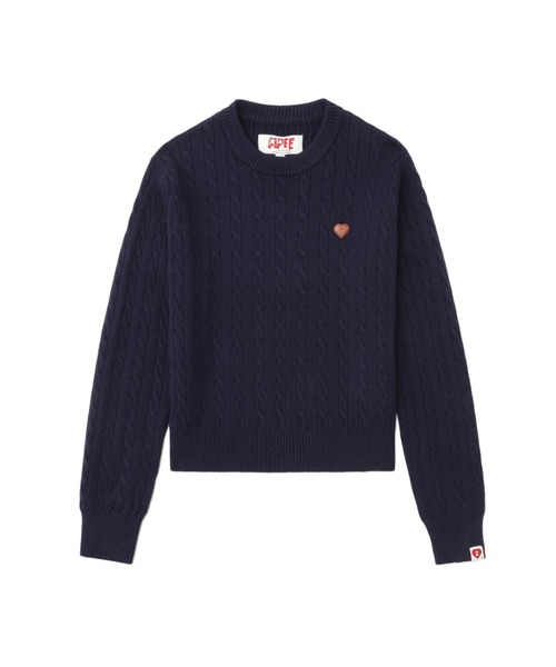 A BATHING APE(アベイシングエイプ)の「PU BADGE CABLE KNIT JUMPER(ニット/セーター・レディース・ネイビー/ベージュ/ブラウン・SMALL/X-SMALL)」の1枚目の写真
