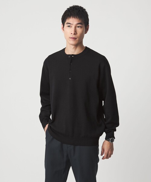 green label relaxing（グリーンレーベルリラクシング）の「ダブルフェイス ヘンリーネック ニット（ニット/セーター・メンズ・モカ/ネイビー/ブラック・M/XL/S/L）」の2枚目の写真