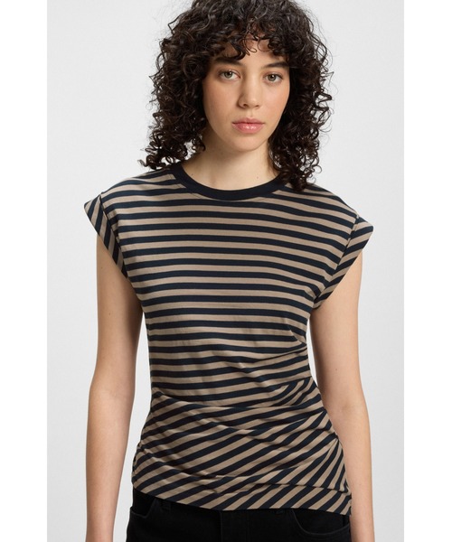 BOSS（ボス）の「ストライプトップス コットンジャージー ギャザーウエスト（Tシャツ/カットソー・レディース・ベージュ/ブラック・XL/S/L/XS/M）」の3枚目の写真