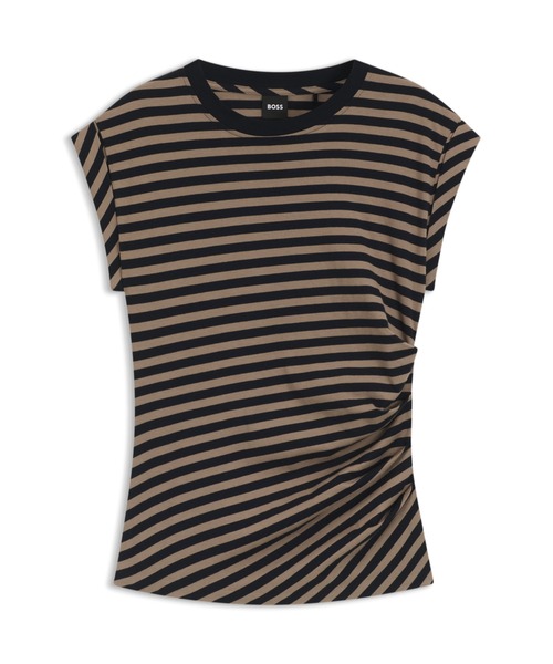 BOSS（ボス）の「ストライプトップス コットンジャージー ギャザーウエスト（Tシャツ/カットソー・レディース・ベージュ/ブラック・XL/S/L/XS/M）」の6枚目の写真