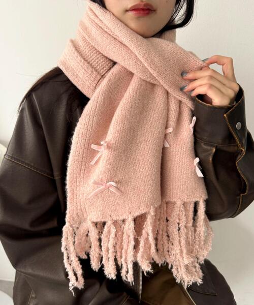 WEGO（ウィゴー）の「WEGO/ベロアリボンニットストール（マフラー・レディース・ライトピンク/ライトグレー/ホワイト・FREE）」の3枚目の写真