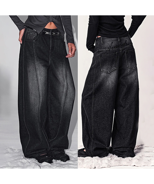 Logo Needle Point Balloon Denim Pants BLACK