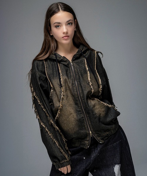 ILL'S(イルズ)の「グランジ加工 フルジップ デニムフーディ メンズ レディース ユニセックス(デニムジャケット・メンズ・ブラック/サックスブルー/ブラウン・M/L)」の2枚目の写真