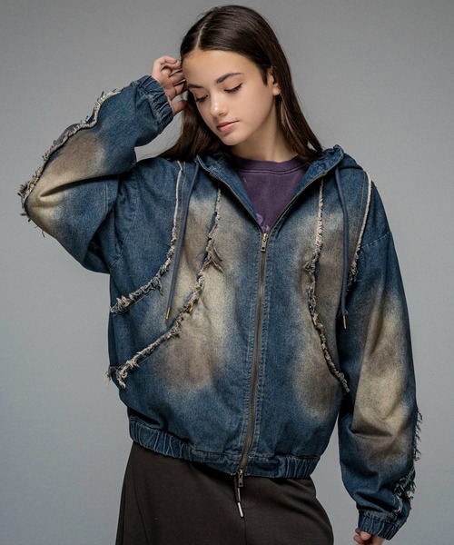 ILL'S(イルズ)の「グランジ加工 フルジップ デニムフーディ メンズ レディース ユニセックス(デニムジャケット・メンズ・ブラック/サックスブルー/ブラウン・M/L)」の3枚目の写真