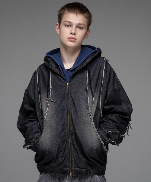 ILL'S(イルズ)の「グランジ加工 フルジップ デニムフーディ メンズ レディース ユニセックス(デニムジャケット・メンズ・ブラック/サックスブルー/ブラウン・M/L)」の1枚目の写真