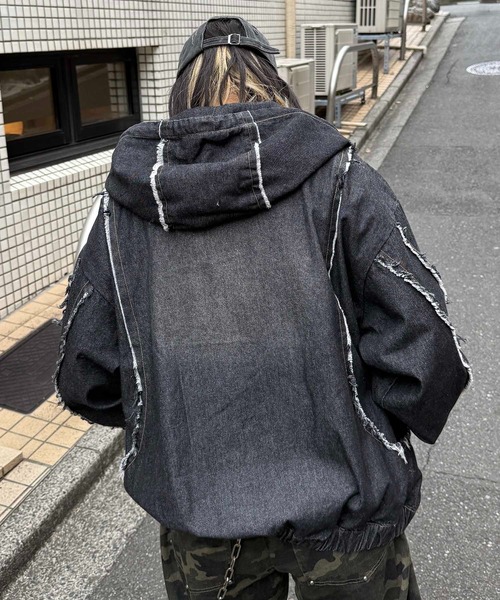 ILL'S(イルズ)の「グランジ加工 フルジップ デニムフーディ メンズ レディース ユニセックス(デニムジャケット・メンズ・ブラック/サックスブルー/ブラウン・M/L)」の4枚目の写真