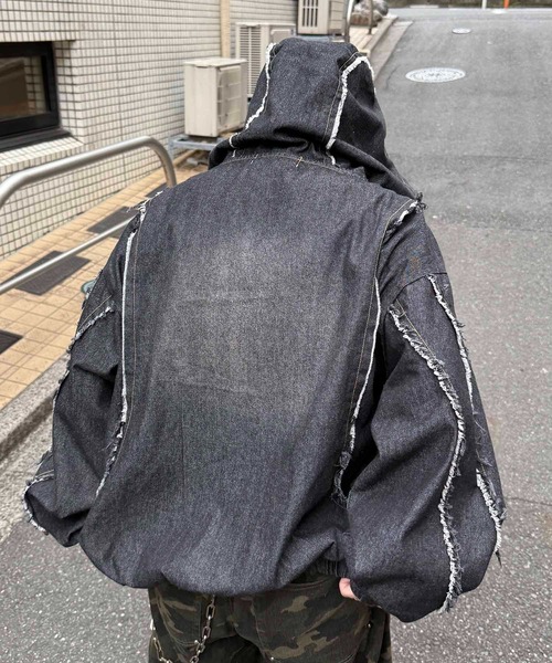 ILL'S(イルズ)の「グランジ加工 フルジップ デニムフーディ メンズ レディース ユニセックス(デニムジャケット・メンズ・ブラック/サックスブルー/ブラウン・M/L)」の5枚目の写真