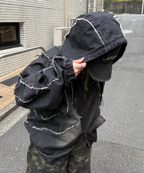 ILL'S(イルズ)の「グランジ加工 フルジップ デニムフーディ メンズ レディース ユニセックス(デニムジャケット・メンズ・ブラック/サックスブルー/ブラウン・M/L)」の6枚目の写真