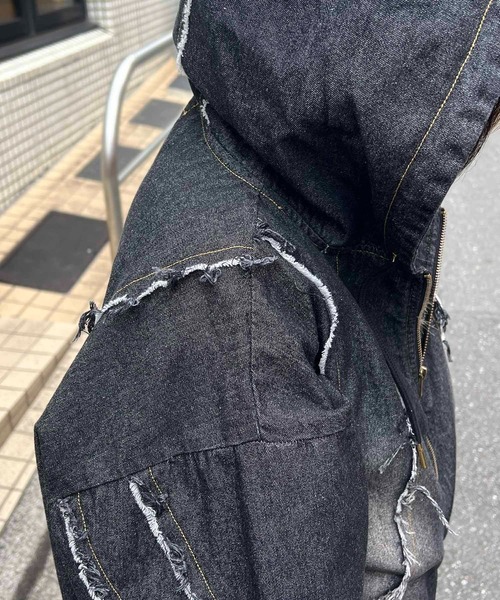 ILL'S（イルズ）の「グランジ加工 フルジップ デニムフーディ メンズ レディース ユニセックス（デニムジャケット・メンズ・ブラック/サックスブルー/ブラウン・M/L）」の19枚目の写真