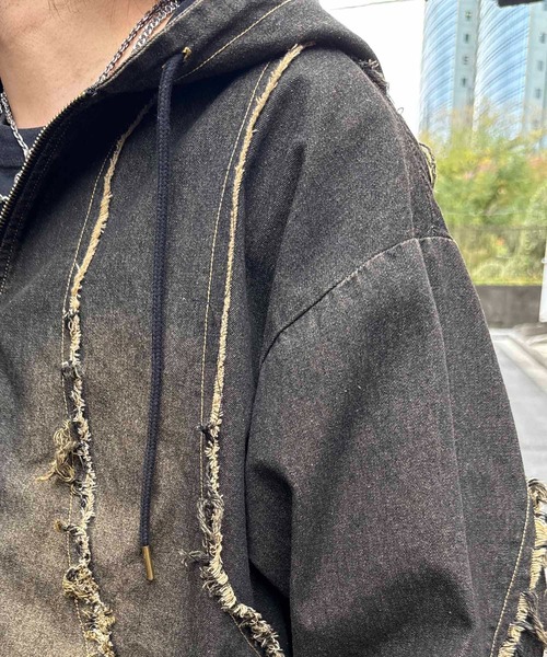 ILL'S（イルズ）の「グランジ加工 フルジップ デニムフーディ メンズ レディース ユニセックス（デニムジャケット・メンズ・ブラック/サックスブルー/ブラウン・M/L）」の15枚目の写真