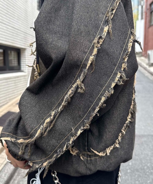ILL'S（イルズ）の「グランジ加工 フルジップ デニムフーディ メンズ レディース ユニセックス（デニムジャケット・メンズ・ブラック/サックスブルー/ブラウン・M/L）」の16枚目の写真