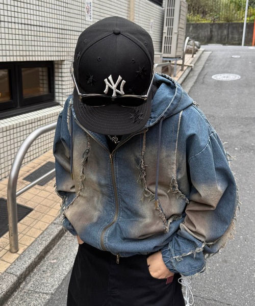 ILL'S(イルズ)の「グランジ加工 フルジップ デニムフーディ メンズ レディース ユニセックス(デニムジャケット・メンズ・ブラック/サックスブルー/ブラウン・M/L)」の21枚目の写真