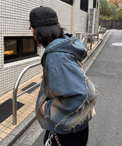 ILL'S(イルズ)の「グランジ加工 フルジップ デニムフーディ メンズ レディース ユニセックス(デニムジャケット・メンズ・ブラック/サックスブルー/ブラウン・M/L)」の22枚目の写真