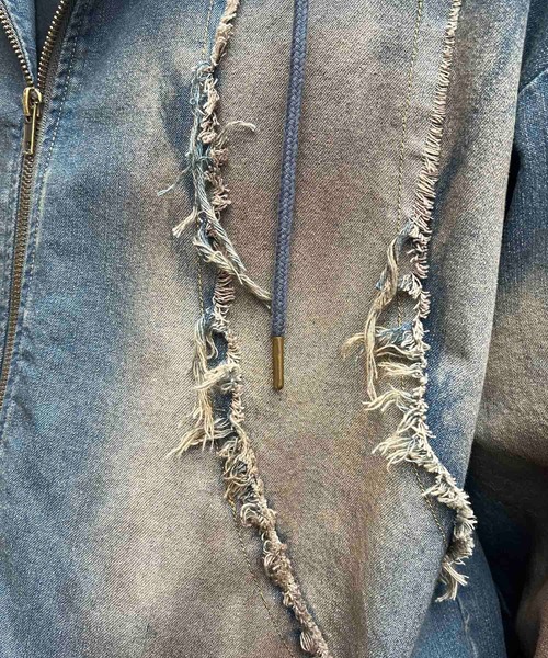 ILL'S(イルズ)の「グランジ加工 フルジップ デニムフーディ メンズ レディース ユニセックス(デニムジャケット・メンズ・ブラック/サックスブルー/ブラウン・M/L)」の17枚目の写真