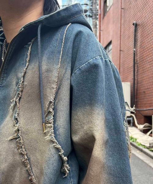 ILL'S(イルズ)の「グランジ加工 フルジップ デニムフーディ メンズ レディース ユニセックス(デニムジャケット・メンズ・ブラック/サックスブルー/ブラウン・M/L)」の13枚目の写真