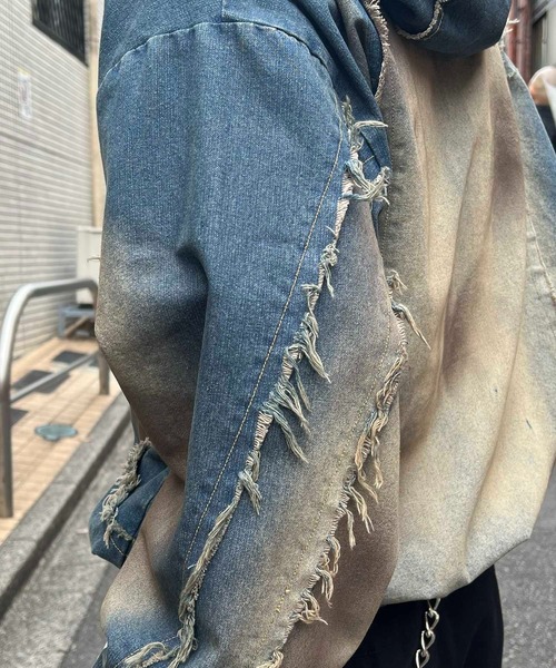 ILL'S(イルズ)の「グランジ加工 フルジップ デニムフーディ メンズ レディース ユニセックス(デニムジャケット・メンズ・ブラック/サックスブルー/ブラウン・M/L)」の14枚目の写真