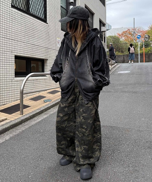 ILL'S(イルズ)の「グランジ加工 フルジップ デニムフーディ メンズ レディース ユニセックス(デニムジャケット・メンズ・ブラック/サックスブルー/ブラウン・M/L)」の7枚目の写真