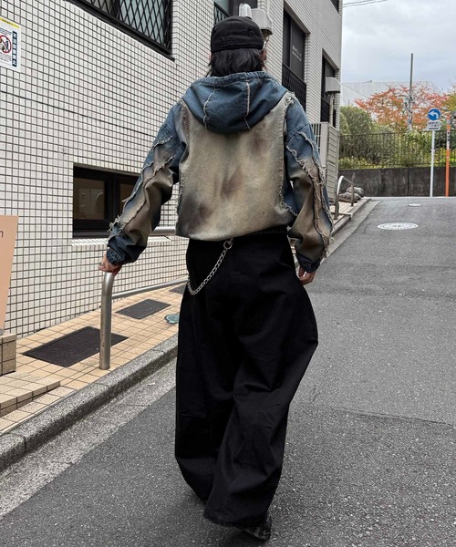 ILL'S(イルズ)の「グランジ加工 フルジップ デニムフーディ メンズ レディース ユニセックス(デニムジャケット・メンズ・ブラック/サックスブルー/ブラウン・M/L)」の16枚目の写真