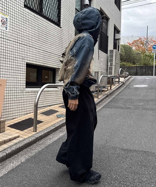 ILL'S(イルズ)の「グランジ加工 フルジップ デニムフーディ メンズ レディース ユニセックス(デニムジャケット・メンズ・ブラック/サックスブルー/ブラウン・M/L)」の15枚目の写真