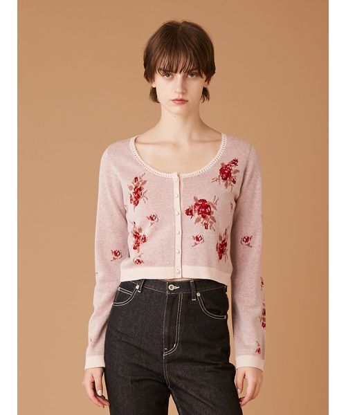 FURFUR（ファーファー）の「フラワージャガードカーディガン（カーディガン/ボレロ・レディース・ホワイト/ピンク/ブラック・F）」の4枚目の写真